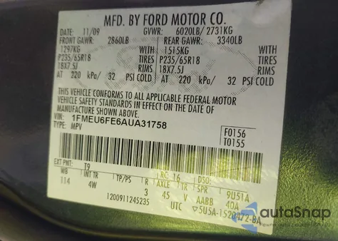 2010 Ford Explorer Limited from USA, damaged, VIN 1FMEU6FE6AUA31758